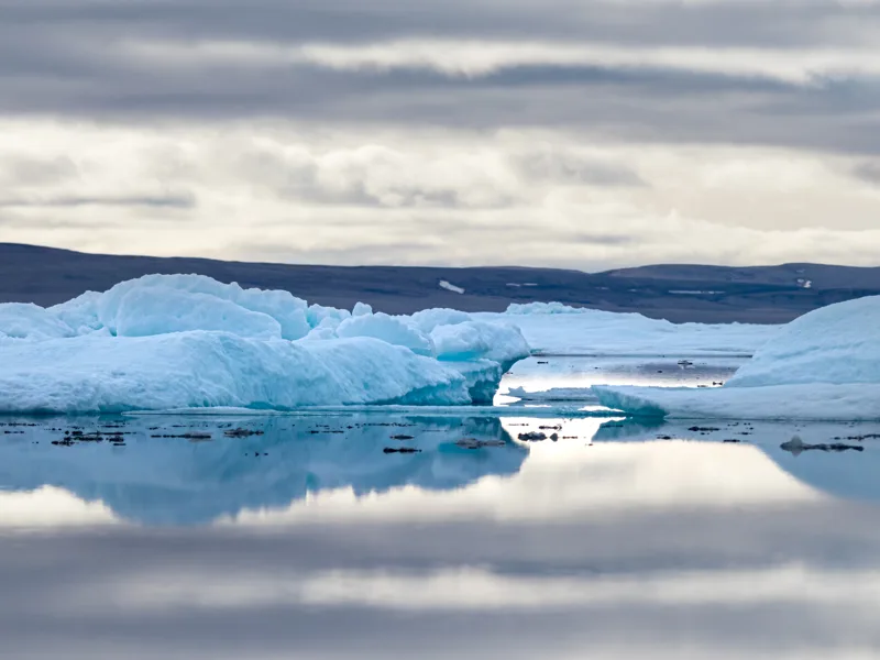 Glacier lagoon and icebergs on Peel Sound
