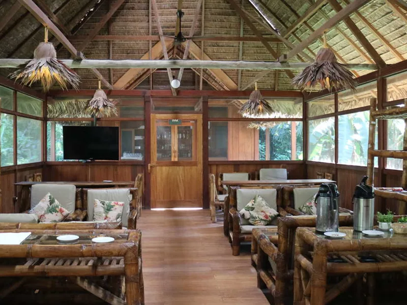 The lounge at the Inkaterra Field Station (comfortable lodge)