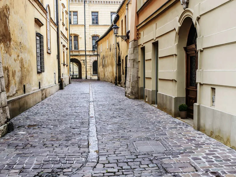 A cobbled street in Krakow's Jewish Quarter