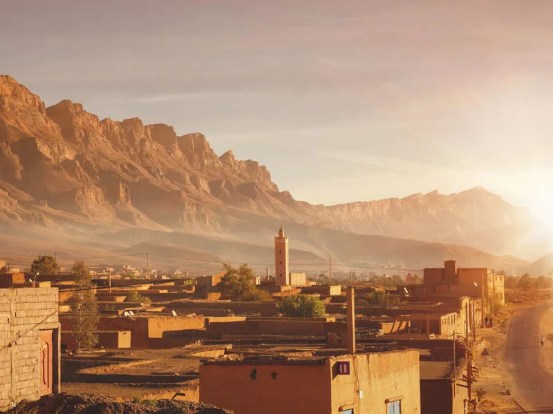 Moroccan village at sunrise in the High Atlas Mountains