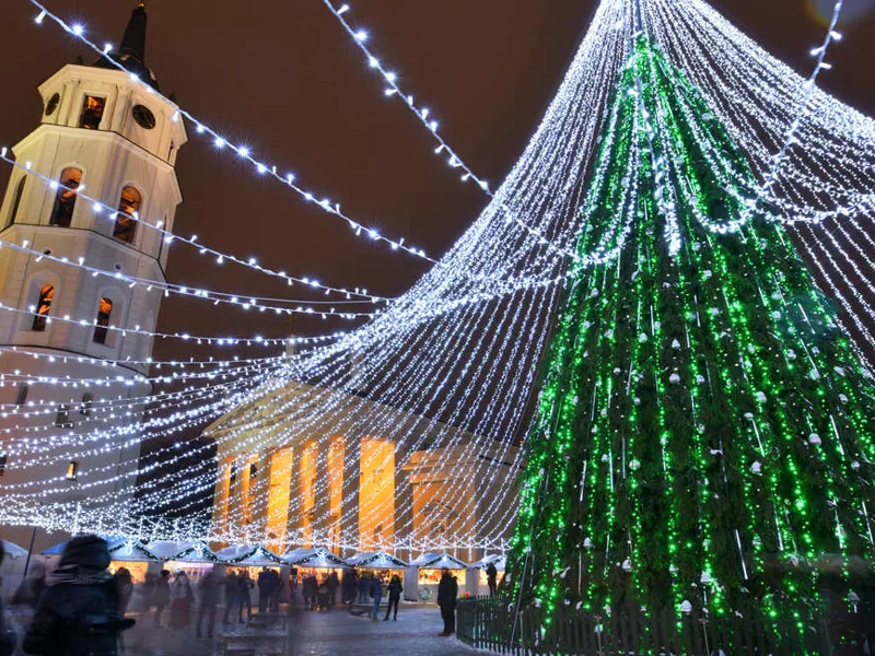 Vilnius lit up at night on our Christmas departure