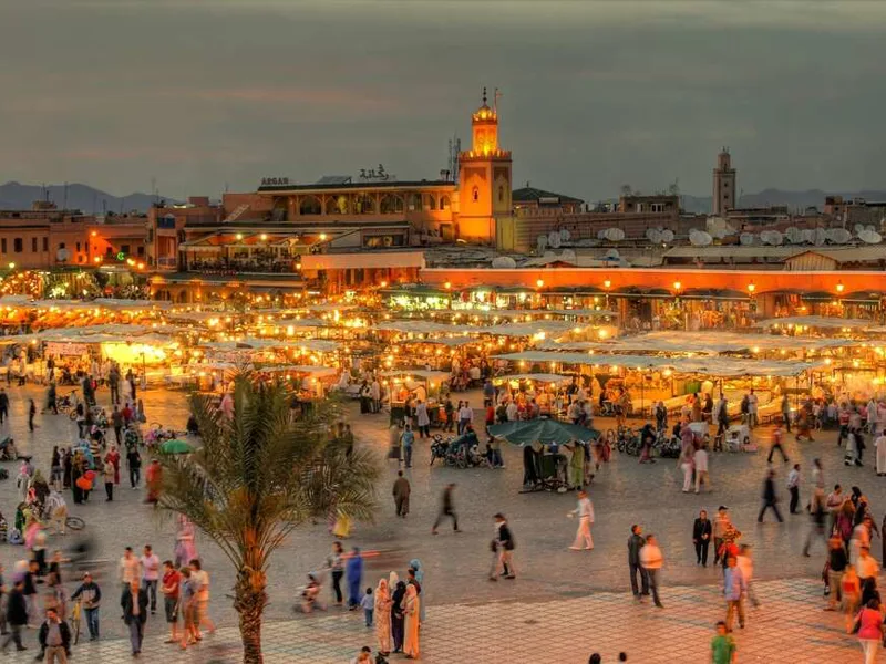 Marrakech's main square, Jemaa el-Fna, at dusk